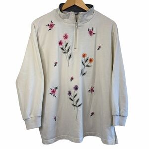 TanJay Petites Floral Embroidered Quarter Zip Sweatshirt Cream XL